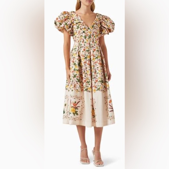Agua by Agua Bendita Cream Midi Dress with Multicolor Floral Print